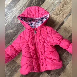 London fog Pink Girls Puffer Jacket with Hood and ruffle trim fleece trim 12 mon